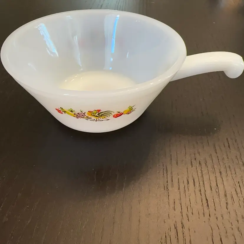 vintage Fire-King "Chanticleer" (Country Kitchen) pattern milk glass handled soup bowl