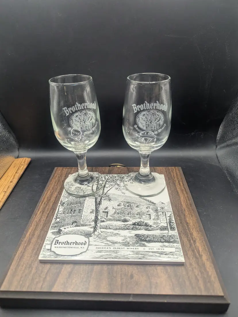 Vintage Brotherhood Memorabilia America's Oldest Winery Estab. 1839 Two Wine Glasses and Cheese Board