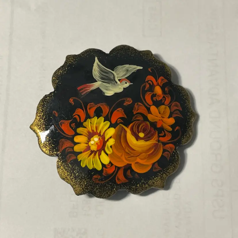 Vintage Signed Russian Lacquer Brooch – Hand-Painted Bird & Floral Folk Art Pin