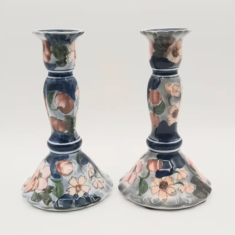 Andrea by Sadek Floral Blue Pink Candlestick Holders Set of 2