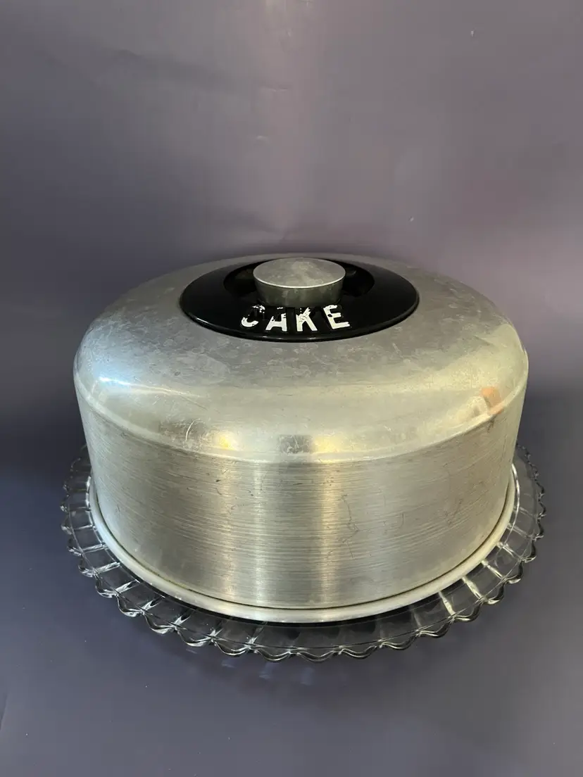 Vintage KROMEX Spun Aluminum Cake Cover and Footed Glass Dish