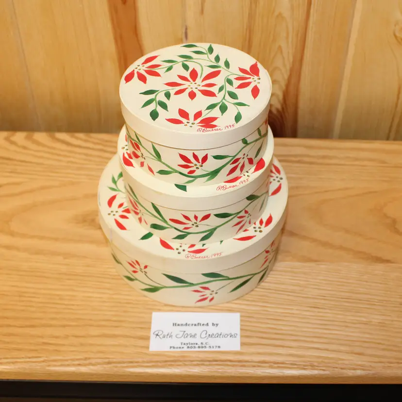 Set of 3 Vintage 1995 Hand-painted stackable painted lidded round boxes with Red flowers