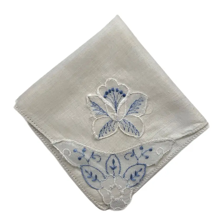 Embroidered Something Blue Bride Handkerchief 3D Wedding Cottage Core Granny Vintage