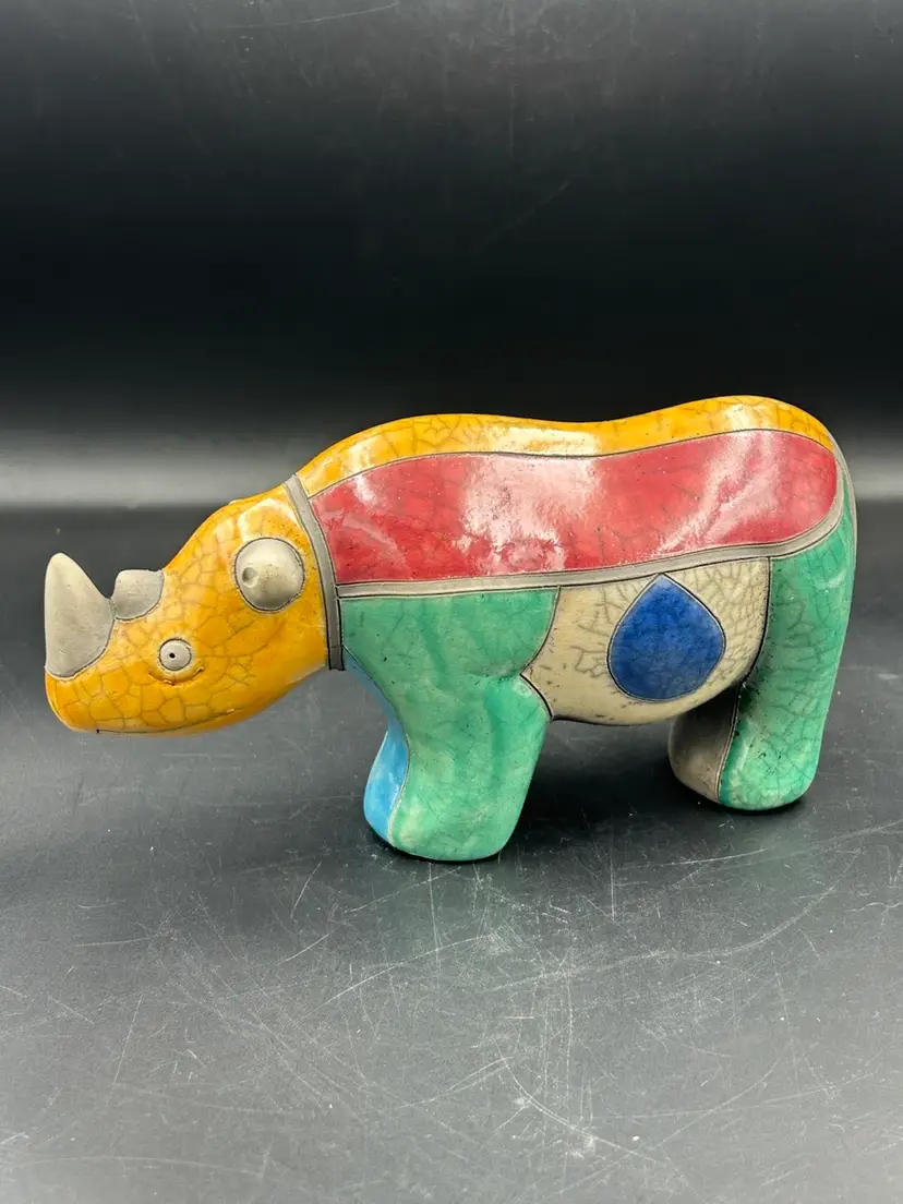 Frnix Raku Pottery, Large Rhino Figurine Handmade South Africa Signed