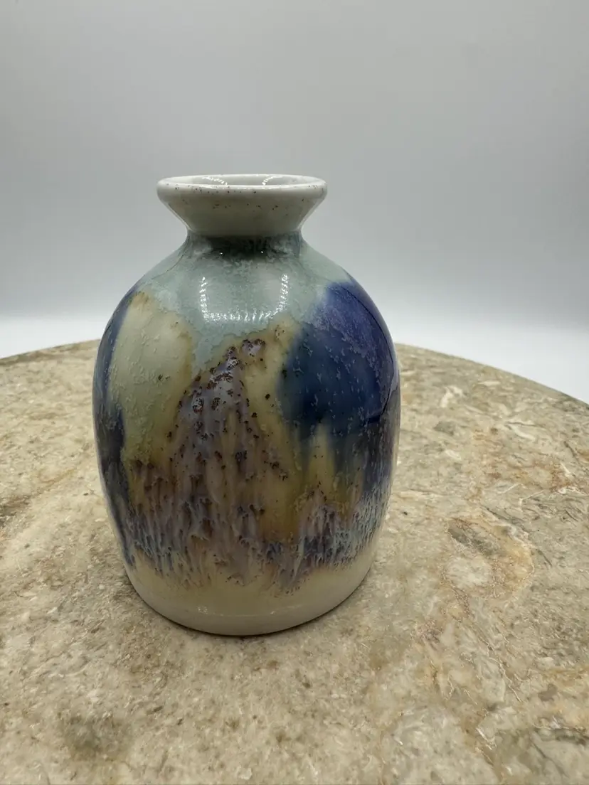 Vintage Drip Glaze Pottery Vase Kravec Studios "KS" Blue & Earth Tone Drip Bud Vase
