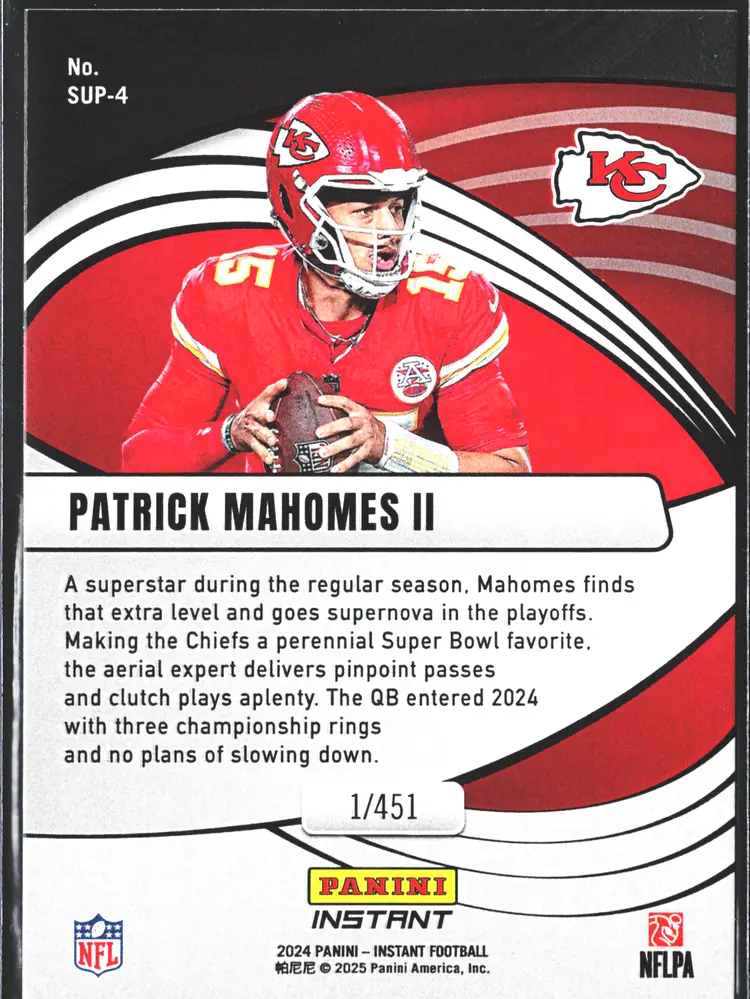 Patrick Mahomes Supernova - only 451 Made!  Kansas City Chiefs 2024 Panini Instant