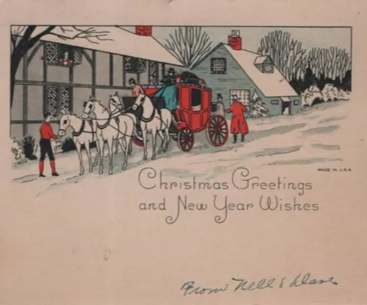Vintage Christmas Note Card Carriage Horses Holiday Message 4 x 5 USA