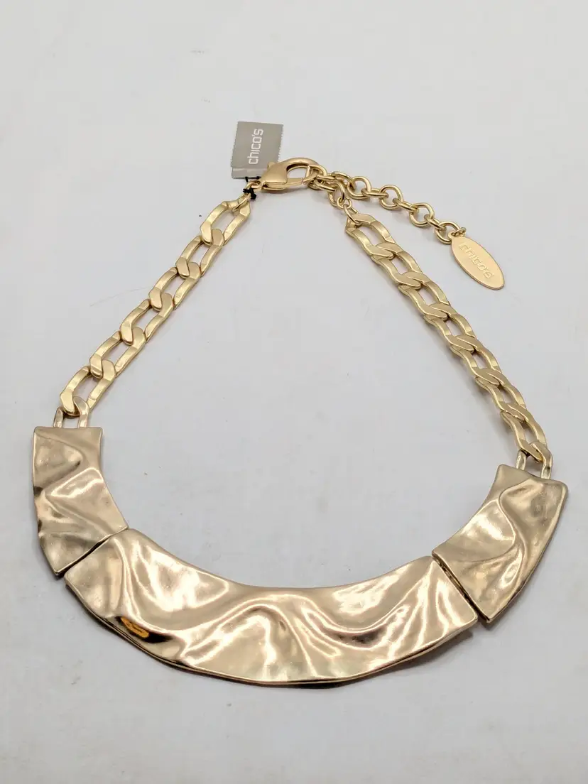 Chico's Chunky Gold Tone Wavy Paneled Statement Necklace NWT