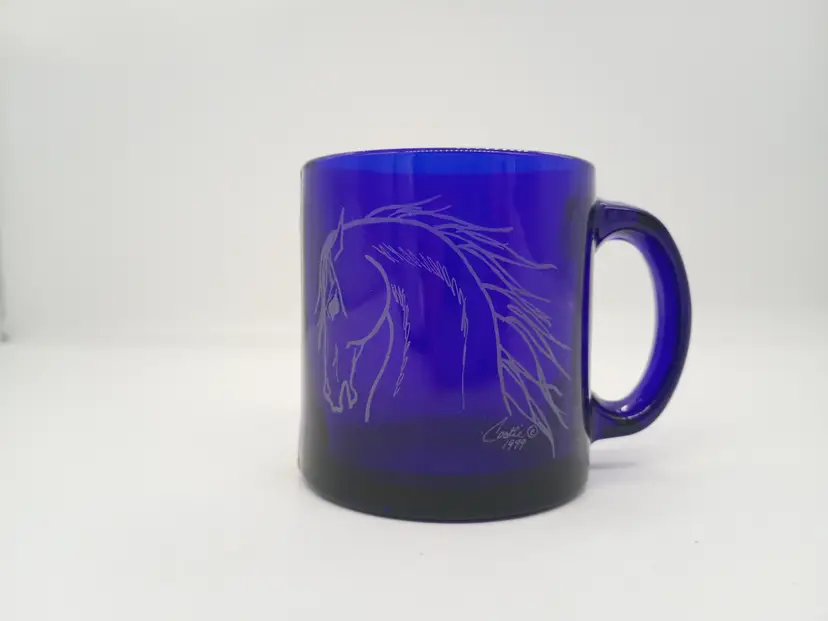 Cobalt Blue Glass Coffee Mug made in USA Etched with Horsehead Signed  Cookie