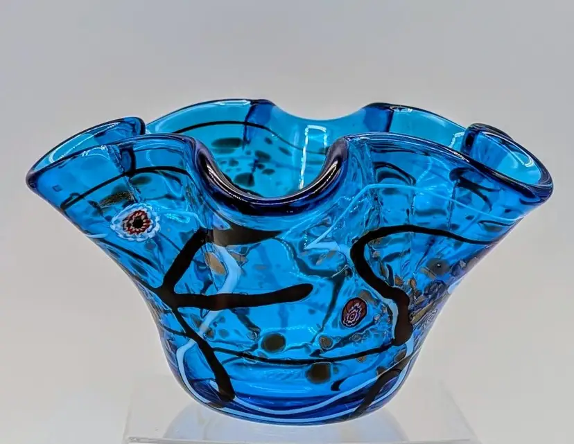 Handblown Art Glass Handkerchief Vase With Millefiori, Aventurine, Abstract Swirls In Deep Blue Glass