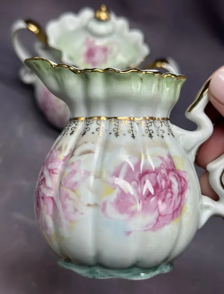 Vintage Nippon Cream & Lidded Sugar Cabbage Rose Floral Pattern Gold