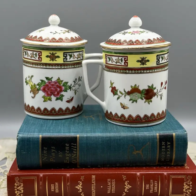 Vintage Pair Jingdezhen Chinese Porcelain Lidded Tea Mugs - Hand Painted Famille Rose Floral & Fruit
