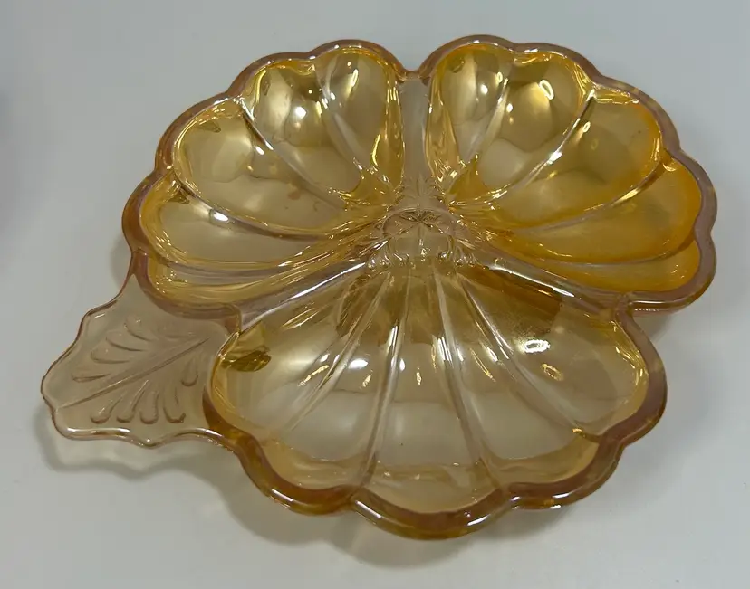 Vintage Jeannette 3 Part Clover Shape Candy Dish Doric Iridescent/Marigold