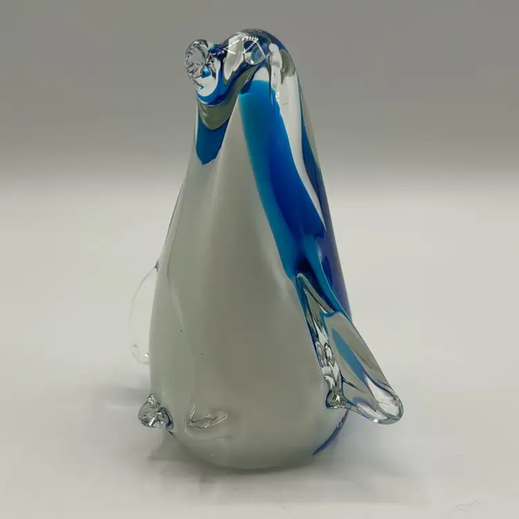Blue White Cased Glass Penguin Paperweight Figurine