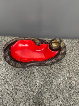 Vintage MCM Calif. Pottery Red Brown Gold Large Ashtray W/New Lighter Insert