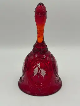 Signed Fenton Hand Painted Amberina Bell Ruby Red W/ Holly - Glows