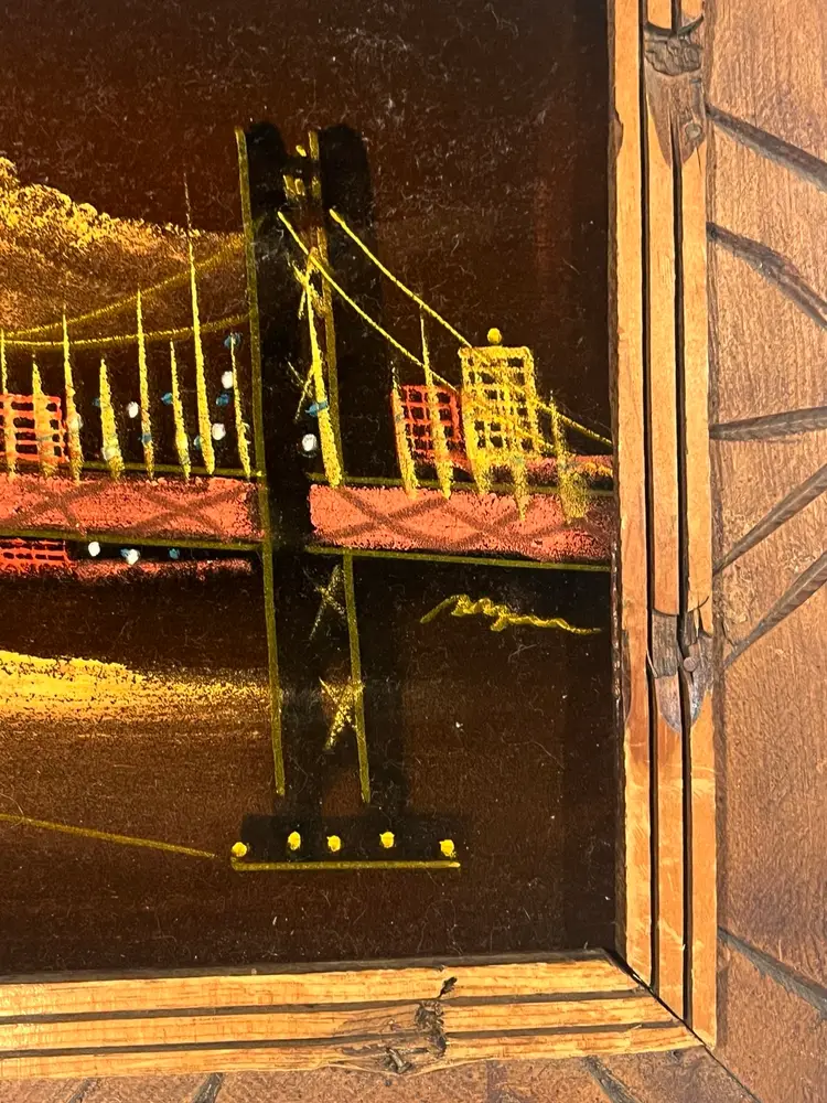 Signed Vintage Mexican Velvet Painting Bridge Mountain City Scene 1970s