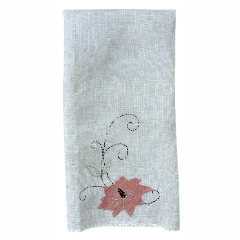 Applique Floral Linen Tea Towel Embroidered Shabby Decor Vtg Cottage Core 16x24