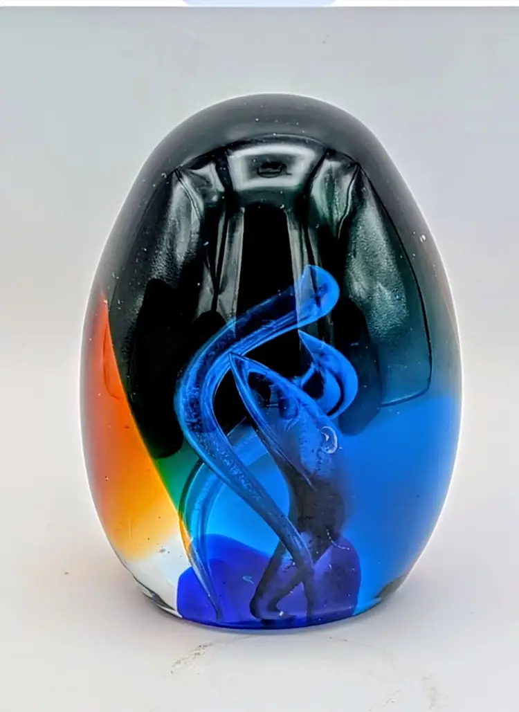 Art Glass Paperweight 4” Blue Amber Controlled Bubble Swirl Modern