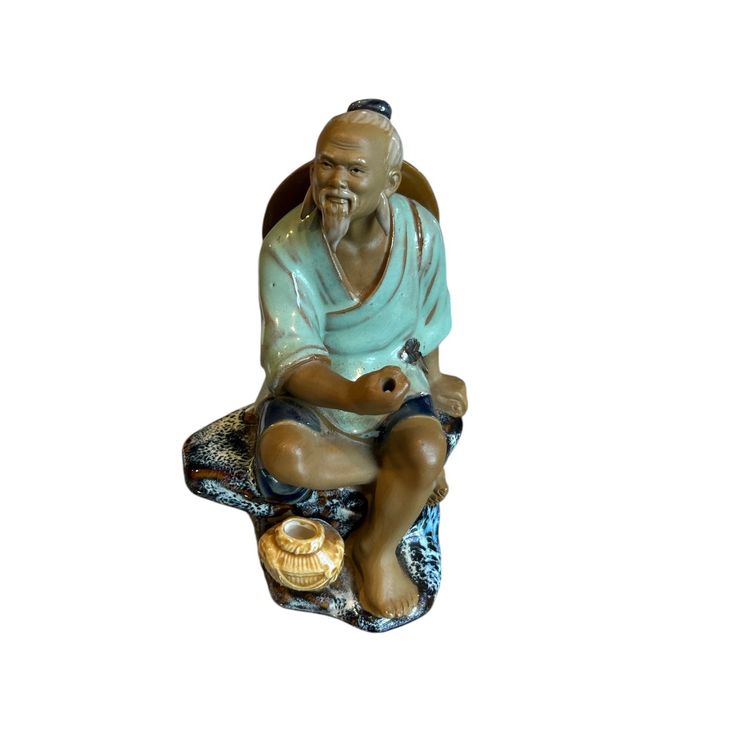 Traditional Mud-Man Fisherman Figurine with Green Blue Glaze