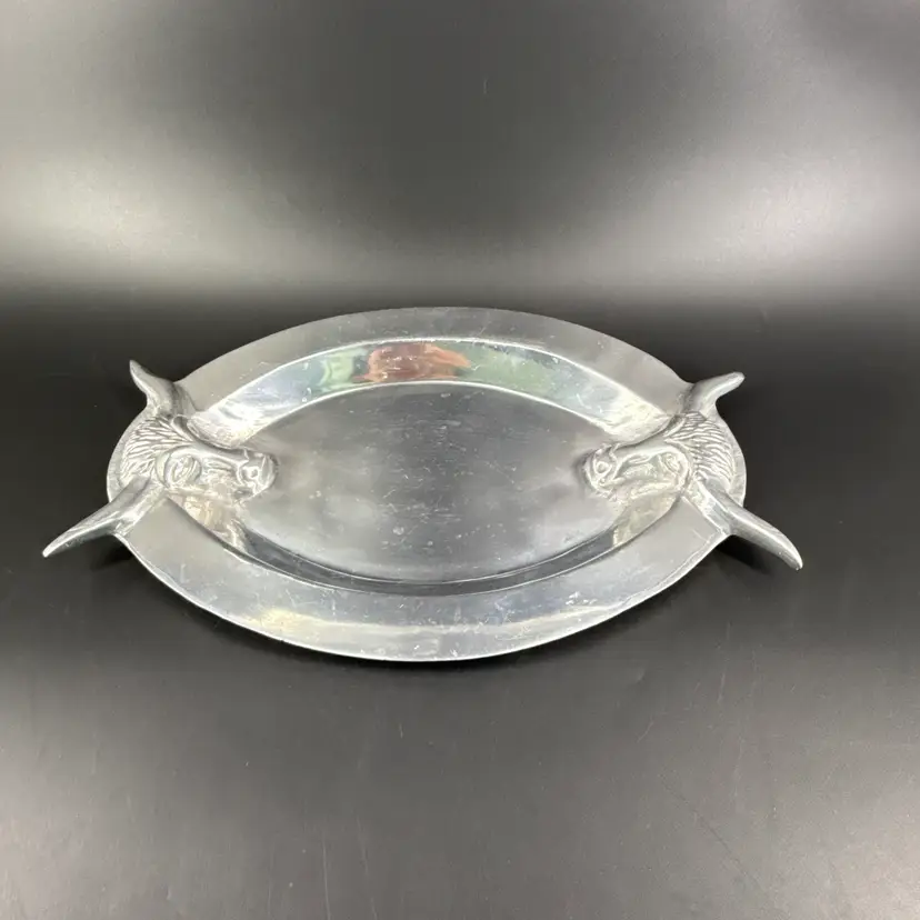Longhorn Steer Handled Hammered Aluminum 14"x9" Serving Platter Plate