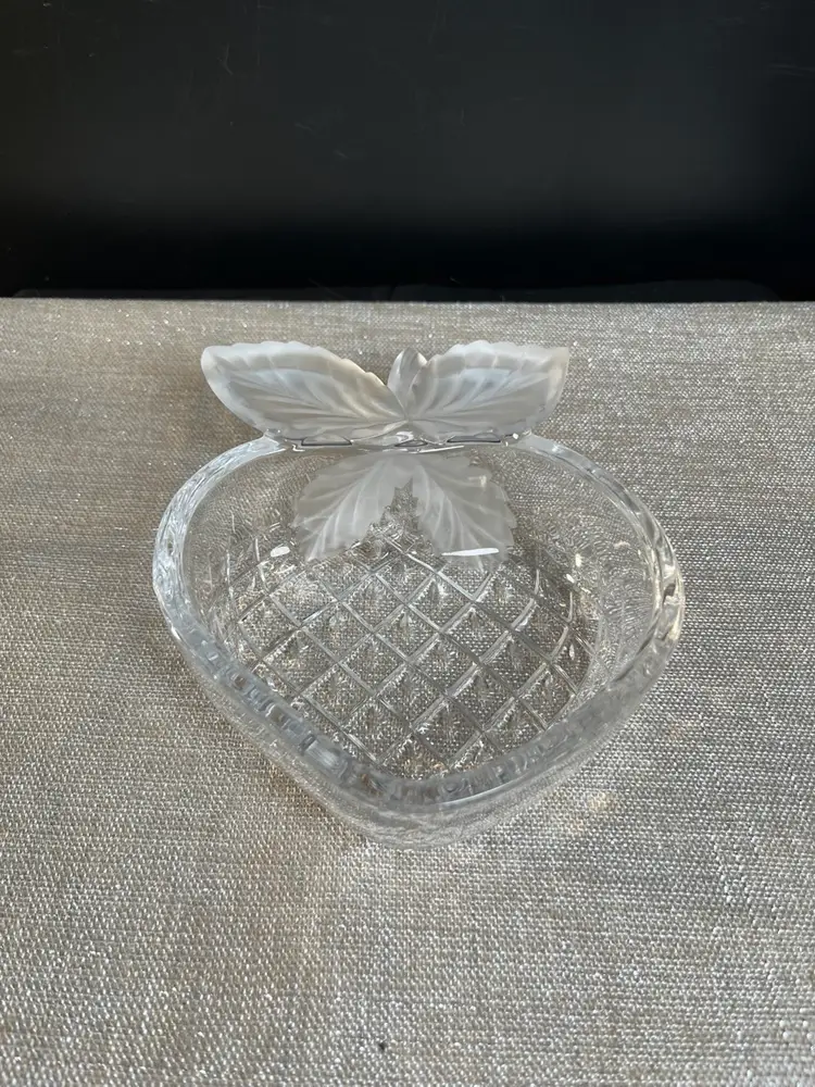 Strawberry Crystal Trinket or Candy Dish. Dish Itself is Clear Crystal the Leaves are Satin