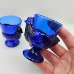 Cobalt Blue Glass Chicken Hen Rooster Egg Cups by Arcoroc of France - Set of 2