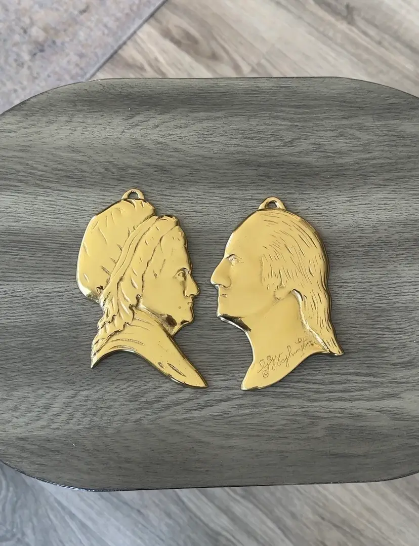 Vintage Brass Silhouette George and Martha Washington Wall Plaques