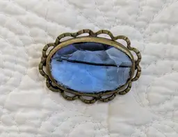 Victorian Antique Brass Brooch with Blue Faceted Glass Cabachon with C-clasp