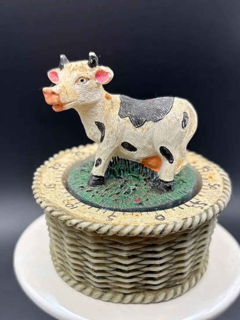 Vintage Kitchen Timer. Resin Cow On Basket. Works.