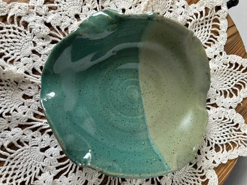 Artist Made Hand Thrown Ceramic Turquoise And Gray Glazed Trinket Dish Signed Lenore