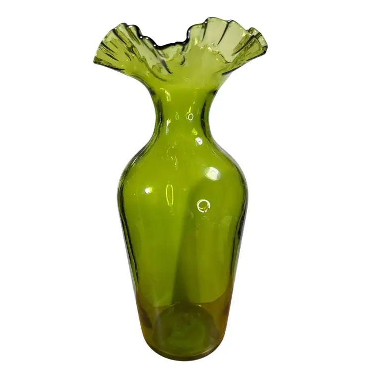 1960s Blenko #6839 Olive Green Ruffle Top Vase 14” x 6.5”