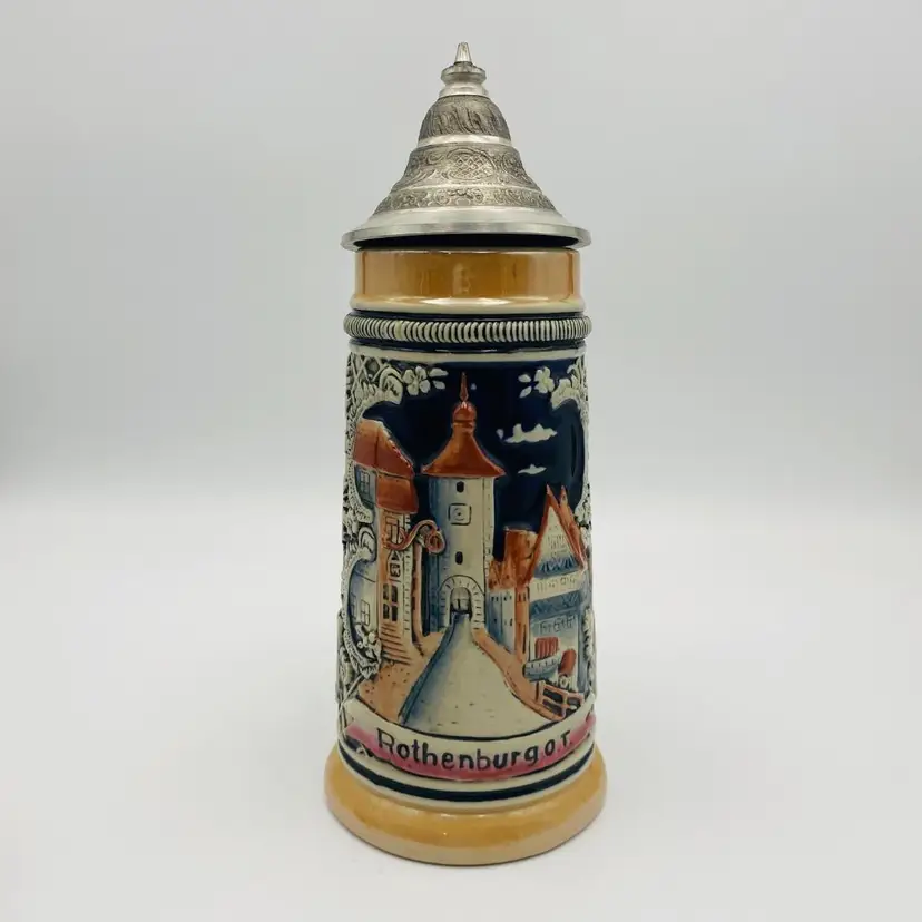 R. Schenkelberg Hand Painted Rothenburg Made in Germany Beer Stein Pewter Lid