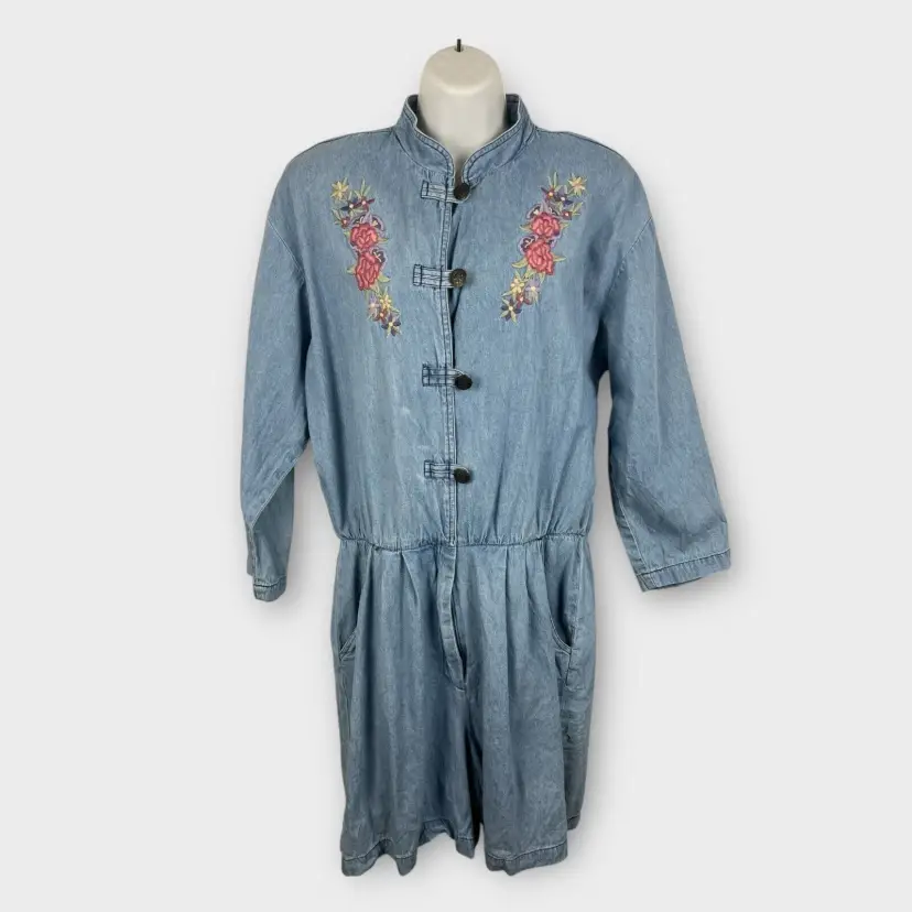 Vintage 80s Denim Romper Embroidered Long Sleeve Boho Large