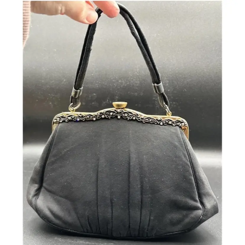 Vintage Black Graceline Evening Bag W/ Gold Ornate Accents