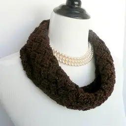 Sparkly Metallic Brown Yarn  Basket Weave Cowl Neck Scarf 8.5" x 24"