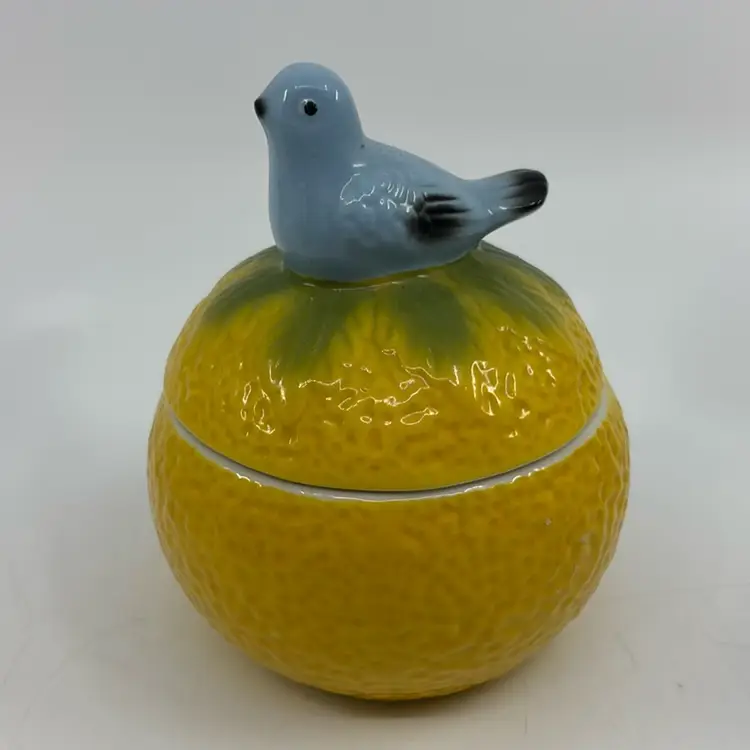 Anthropologie Blue Bird Sugar Bowl Dish Bluebird Lemon Ceramic Jam Jar and Spoon 4.5H 3Dia