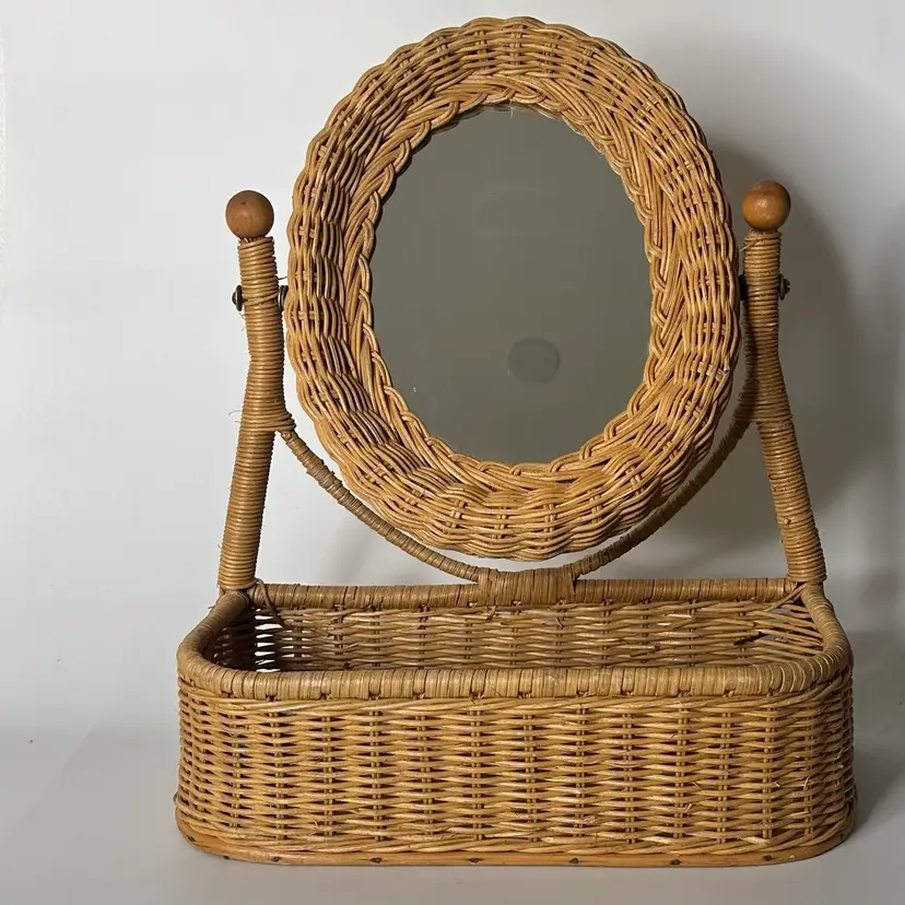 Vintage Wicker Vanity Mirror with Storage Shelf Basket
