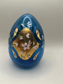 #04 Large Vintage Hand Painted Fenton Art Glass Egg ~ Blue Gold Floral ~ Signed D. Barbour (Diana Barbour)