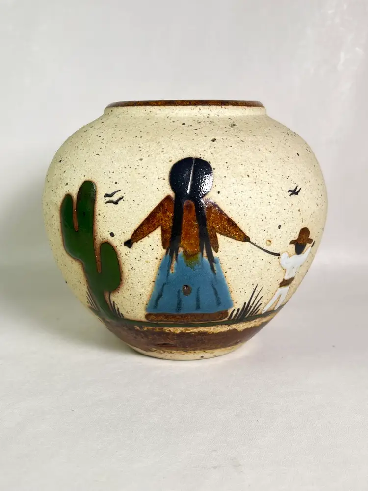 Mexican Tonala Hand Painted Southwest Pottery Mother & Children Vase