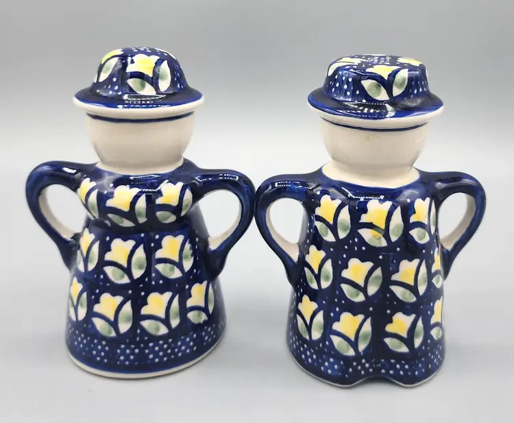 Handmade Polish Pottery Blue & Yellow Man & Woman Ceramic Salt & Pepper Shakers