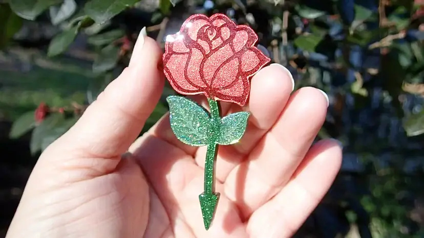 Red Rose Brooch Pin. Sparkling Green Leaves. Handmade With Resin By Me! Beautiful Piece- Ready To Wear. Great Gift For Mother’s Day