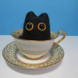 vintage Vicotria C&E goldtone teacup and saucer with handmade felted black cat