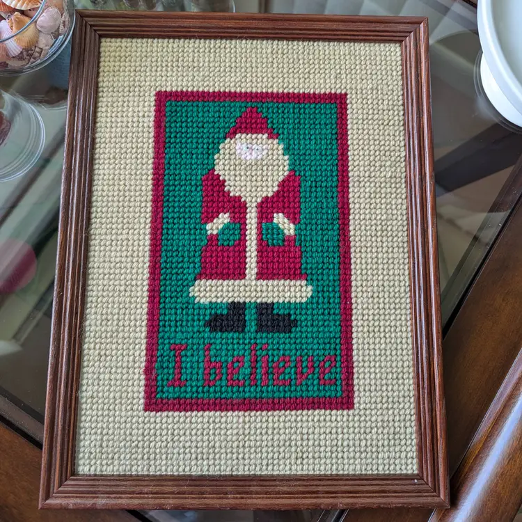 Primitive Santa needlepoint vintage artwork framed "I believe" 10" x 13"
