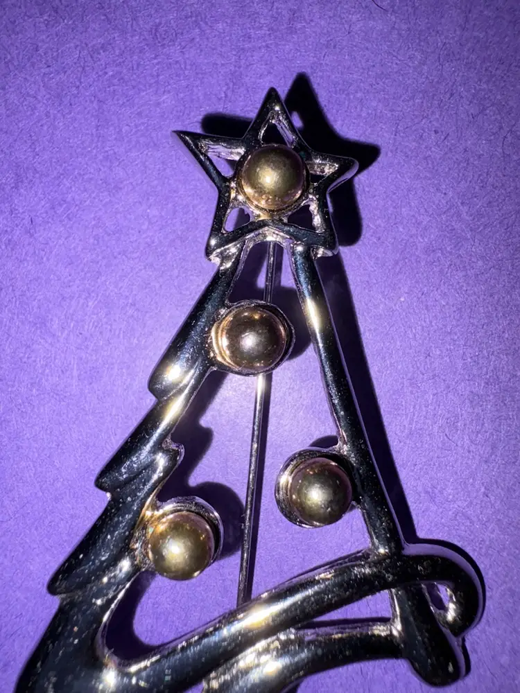 Vintage Two-Tone Christmas Tree Brooch ~ Silver Tone Tree With Gold Tone Balls