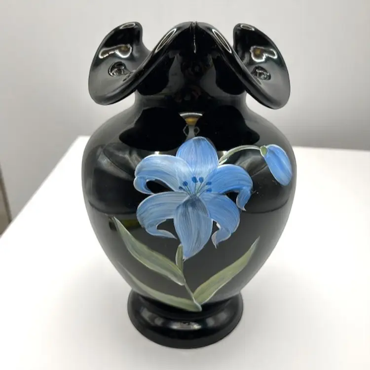 Fenton Black Glass Vase Blue Lily Hand Painted 1990 Signed V. Gherke 6.5” X 4”