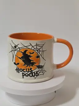 Eli and Ana Handmade Ceramics Hocus Pocus Mug Orange Black Halloween Witch Broom