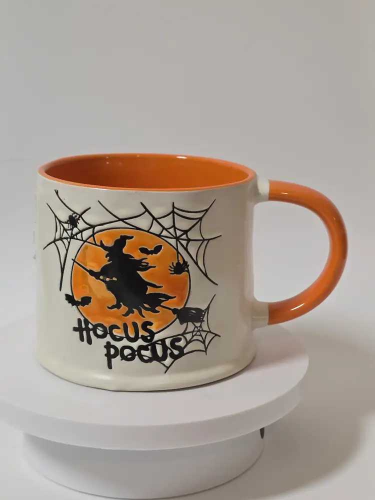 Eli and Ana Handmade Ceramics Hocus Pocus Mug Orange Black Halloween Witch Broom