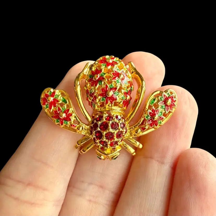 Vintage Gold Tone JOAN RIVERS Christmas Poinsettia Bee Brooch, Crystal Enamel