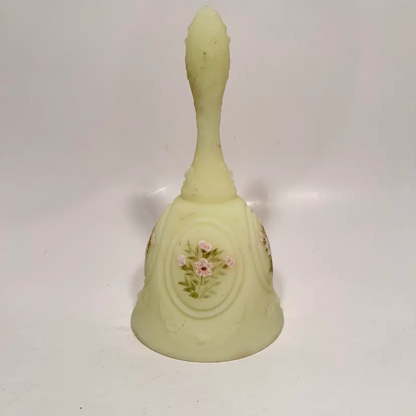 Fenton Pink Blossoms On Custard Glass Hand-painted Bell By Mike Lemon